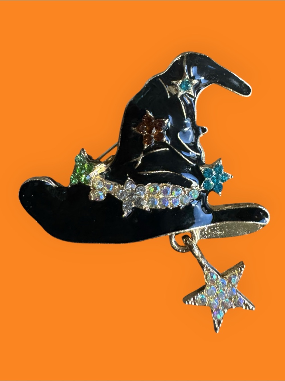 Black Witch Hat Brooch Pin with Sparkling Star Charm